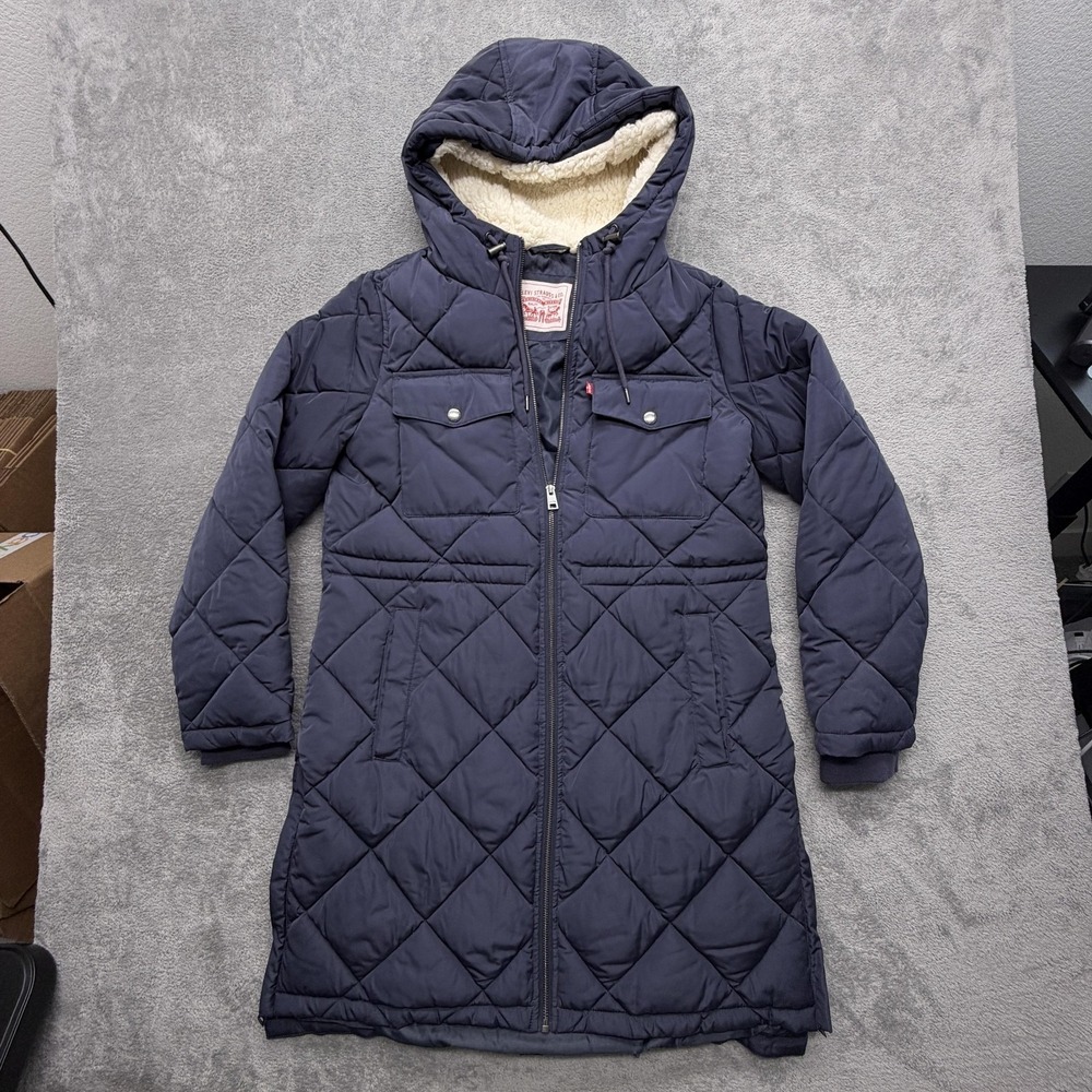 Levi Strauss & Co. Coat Womens S Blue Hooded Quilted Puffer Insulated Mid-Length
